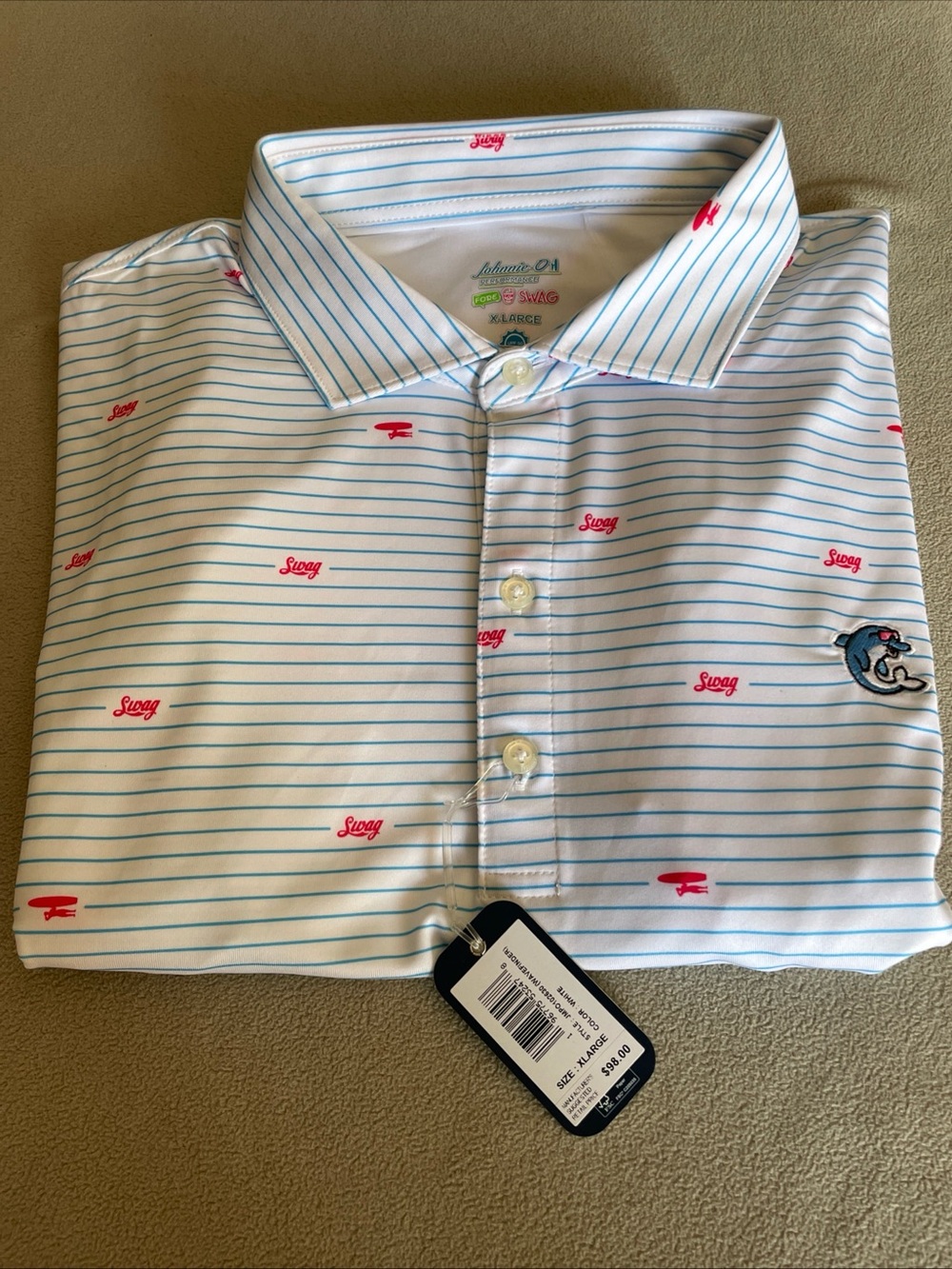 NWT Swag Golf Johnnie-O Polo Flipper Shirt Size XL Blue White Stripe Sold out